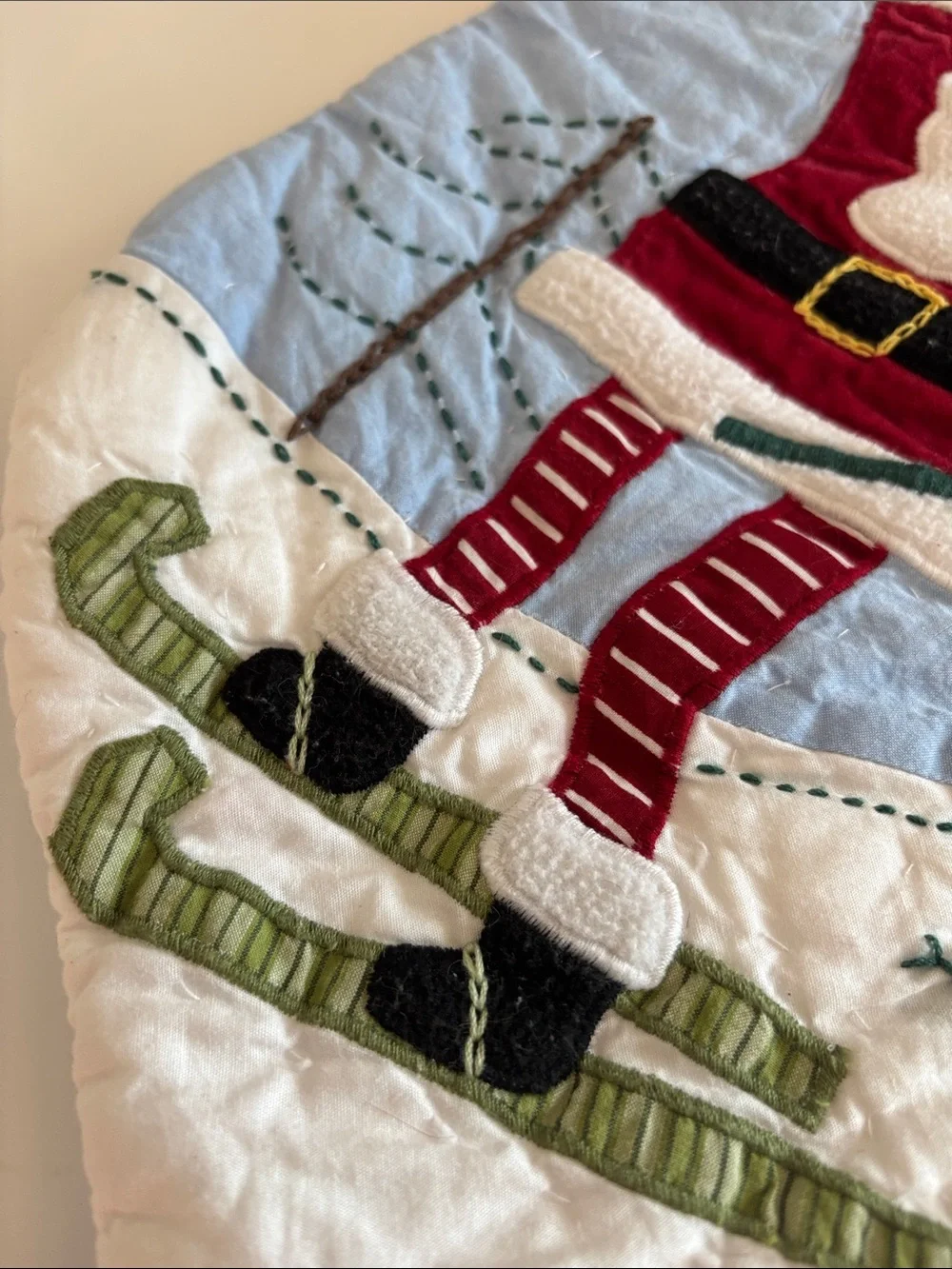 Pottery Barn “Rachel” Embroidered Santa Ski Holiday Stocking - Light Blue & Red